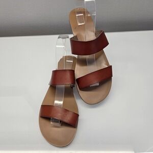J Crew Slip On Slide Flat Sandals Women 9 Brown Double Strap Minimalist Coastal